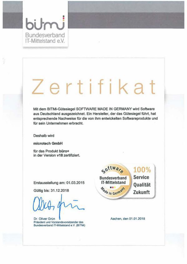 2018 Bueroplus V18 Software made in Germany Zertifikat | microtech.de